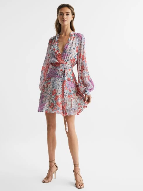 Reiss Coral/White Kiera Floral Printed Mini Dress
