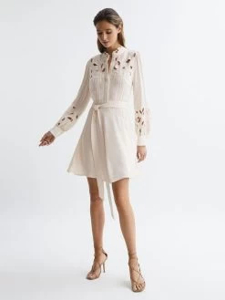 Reiss Ivory Clara Fitted Lace Cut-Out Mini Dress