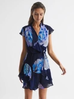Reiss Black/Blue Macey Floral Print Wrap Dress
