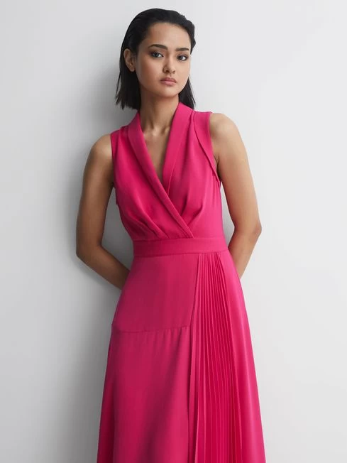 Reiss Pink Claire Pleated Fitted Midi Dress – Image 4