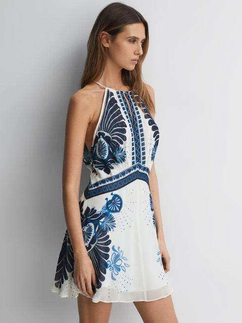 Reiss Blue Brianna Printed Halter Neck Mini Dress