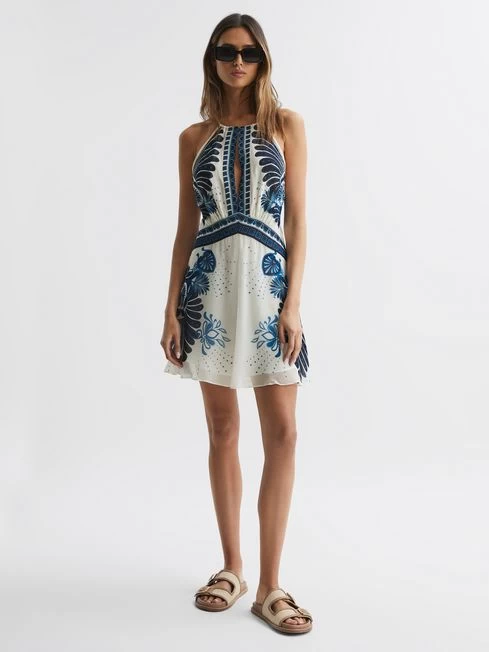 Reiss Blue Brianna Printed Halter Neck Mini Dress – Image 3